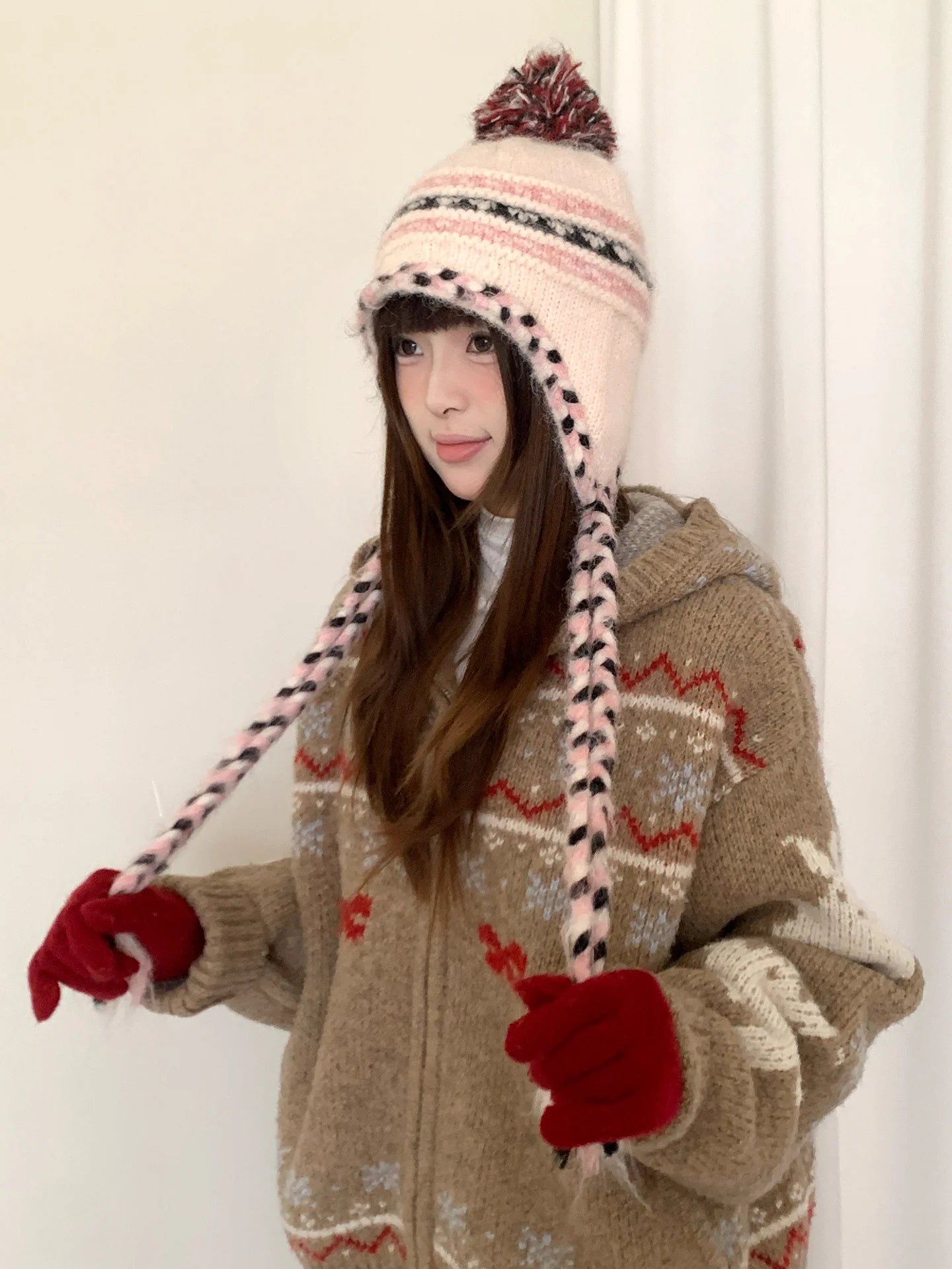 Retro Fair Lsle Colorblock Braided Wool Ball Knit Hat For Women With Wool For Winter Warm Ear Protection Lei Feng Cap