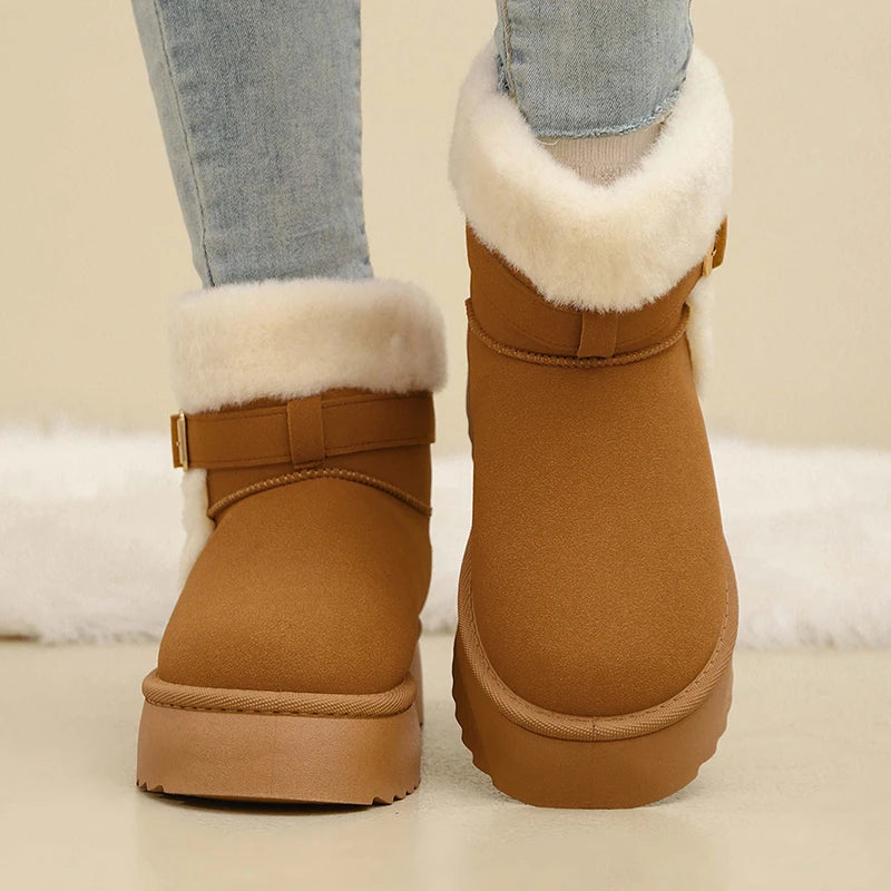 Faux Fur Winter Ankle Boots Women Fashion Buckle Anti Slip Platform Snow Boots Woman Plus Size Faux Suede Warm Short Booties