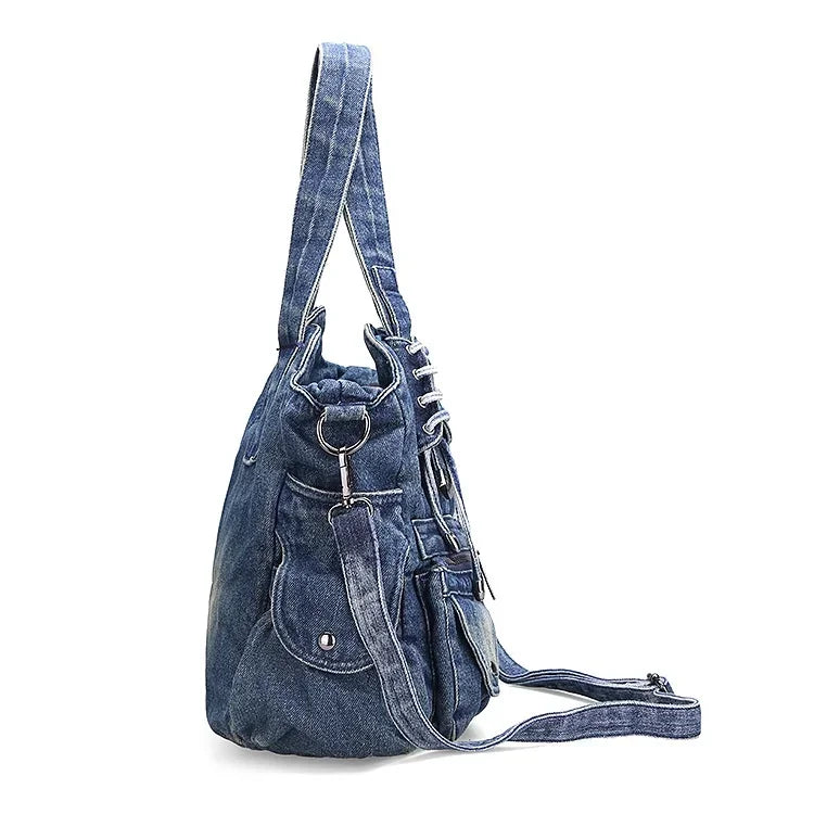 Casual Hobo Denim Bag Women Shoulder Bag Jeans Multiple Pockets Tote Handbag
