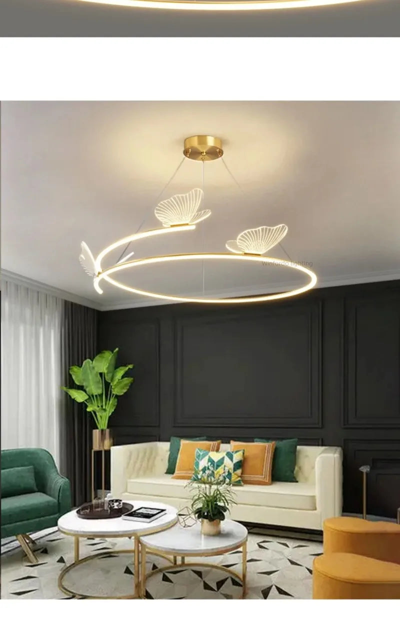 Fashion Simple Modern Living Room Chandelier Butterfly Decor LED Round Lights