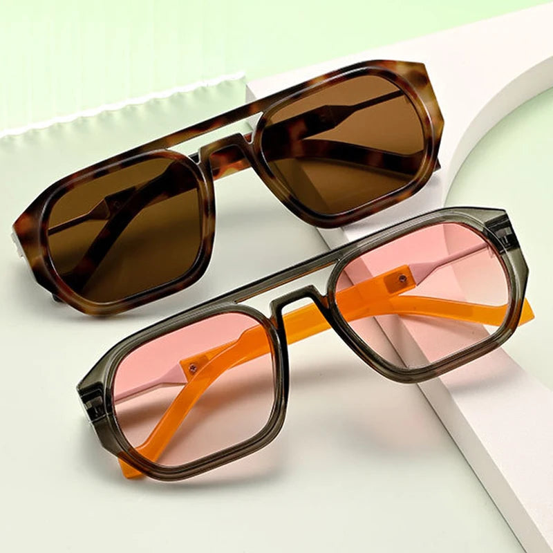 JNPCXI New Retro Polygon Square Double Bridges Women Sunglasses Shades Black Fashion Clear Gradient Lens Men Trending Frame