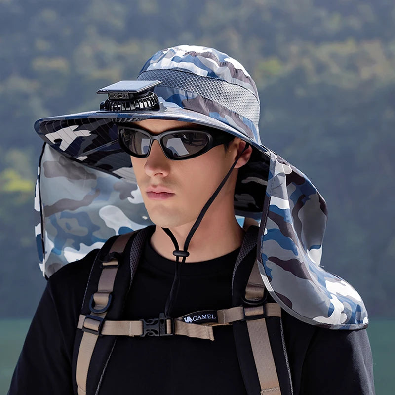 9208-1Men's sun hat 1Solar fan fishing hat, wide-brimmed sunhat outdoor summer camping, beach use, Type-c and solar power supply