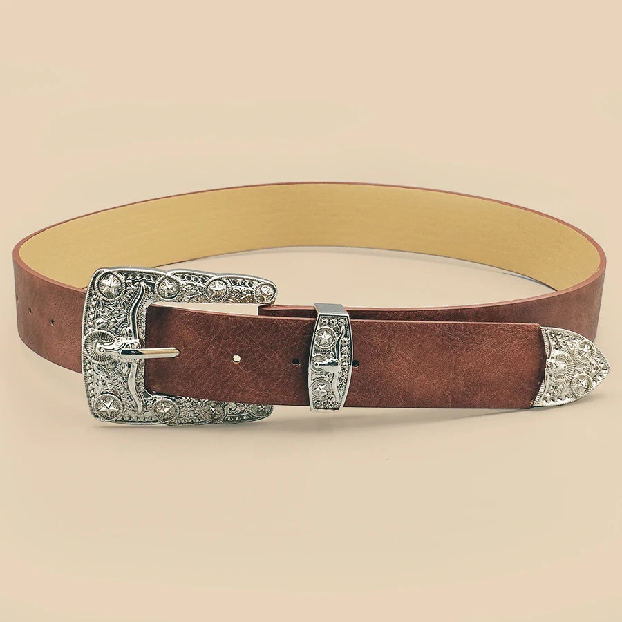 Western Cowboy Street Style Belt - Silver Bullhead Carved Buckle Design for Daily Commute, Office & Casual Wear