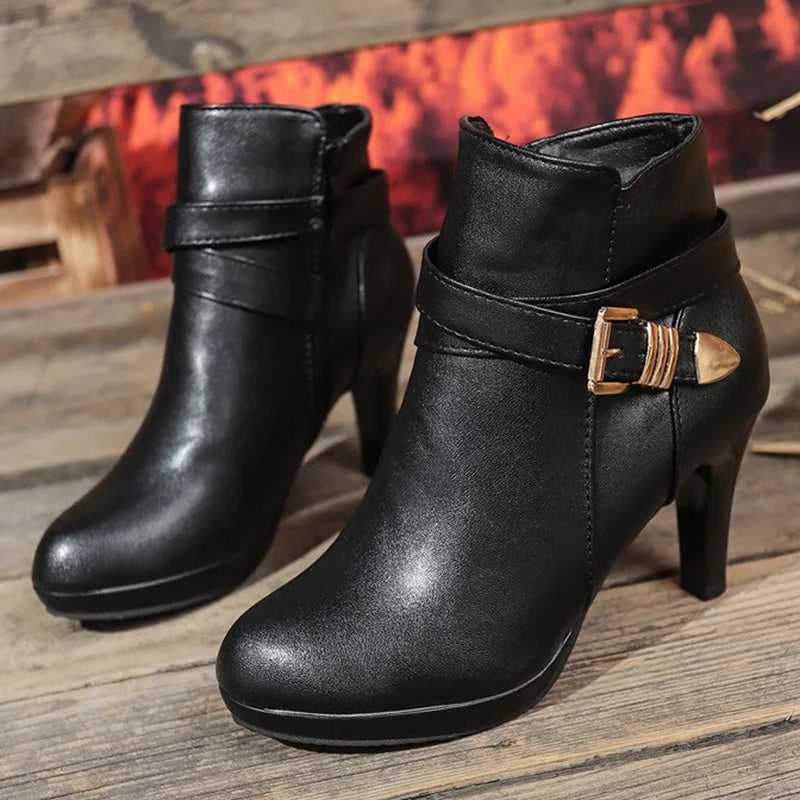 Fashion Pointed Toe Ankle Boots Women Autumn Winter Black Super High Heel Boots for Woman Buckle Detor Zipper Up Booties Ladies