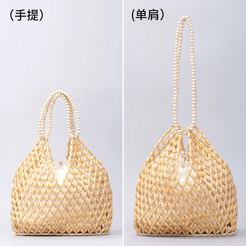 Simple Casual Handwoven Wooden Bead Handheld Women's Shoulder Bags Bucket Bag