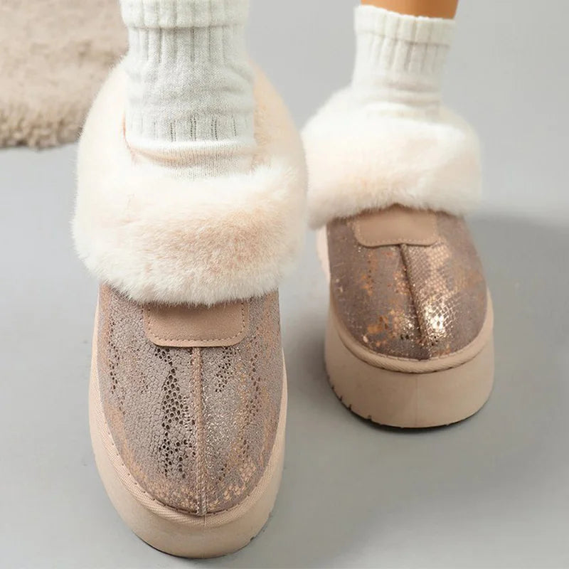 Chic Beige Shiny Snow Boots for Women 2025 Winter Korean Short Plush Warm Boots Woman Round Toe Thick Bottom Booties Female