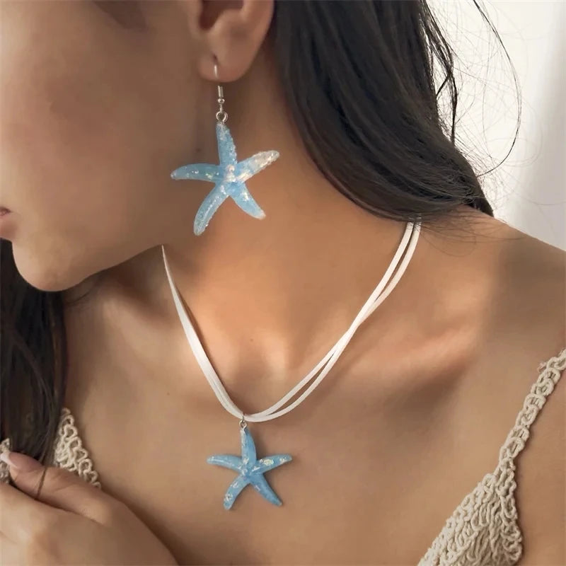 Trendy Boho Summer Starfish Flower Pendant Necklace Earrings for Women Fashion Leather Rope Chain Choker Beach Party Jewelry Set