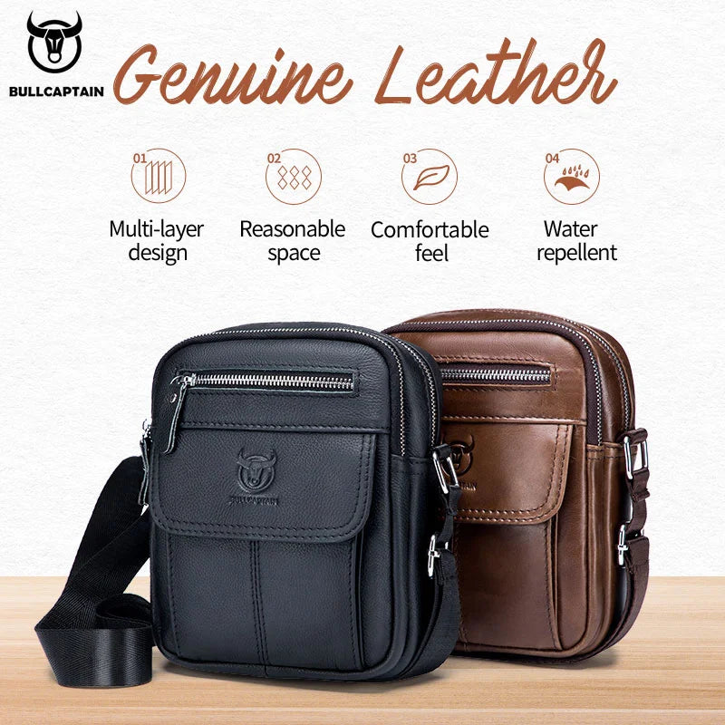 Bullcaptain Casual Men's Shoulder Bags Business Messenger Bag high-Quality Men's Cow Leather Bag's Mini Large Capacity Pocket
