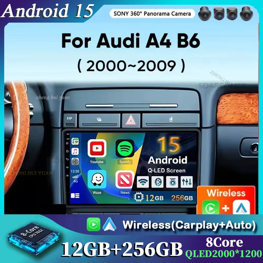 Android 15 Car Radio For For Audi A4 II 2 B6 III 3 B7 2000-2009 S4 2002-2008 RS4 2005 - 2009 Multimedia Video Player Carplay