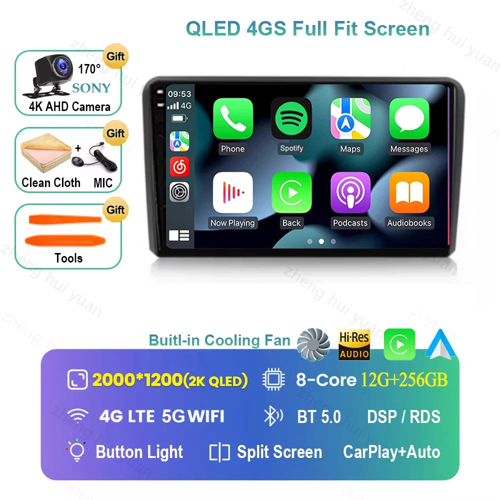 For Audi A3 8P 2003 2004 - 2013 Android 16 GPS WIFI 4G Carplay&Auto Car Radio Navigation QLED Multimedia Stereo Player BT