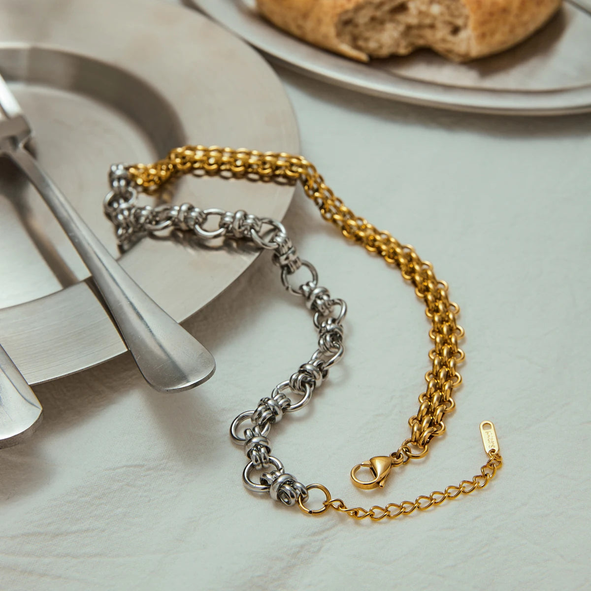 Uworld Minimalist 18K Gold Color Plated Stainless Steel Two tone Handmade Chain Necklace Stackable Basic Link Necklace Women's J