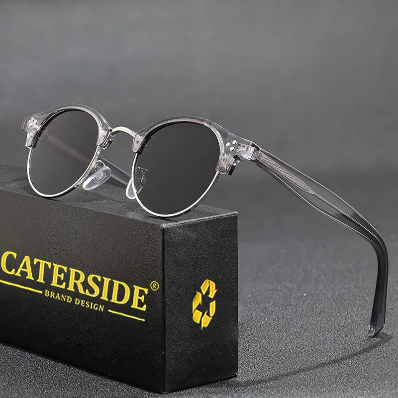 CATERSIDE Retro Punk Sunglasses Men Classic Round Half Frame Fashion Sun Glasses for Women Party Festival Travel Eyewear UV400