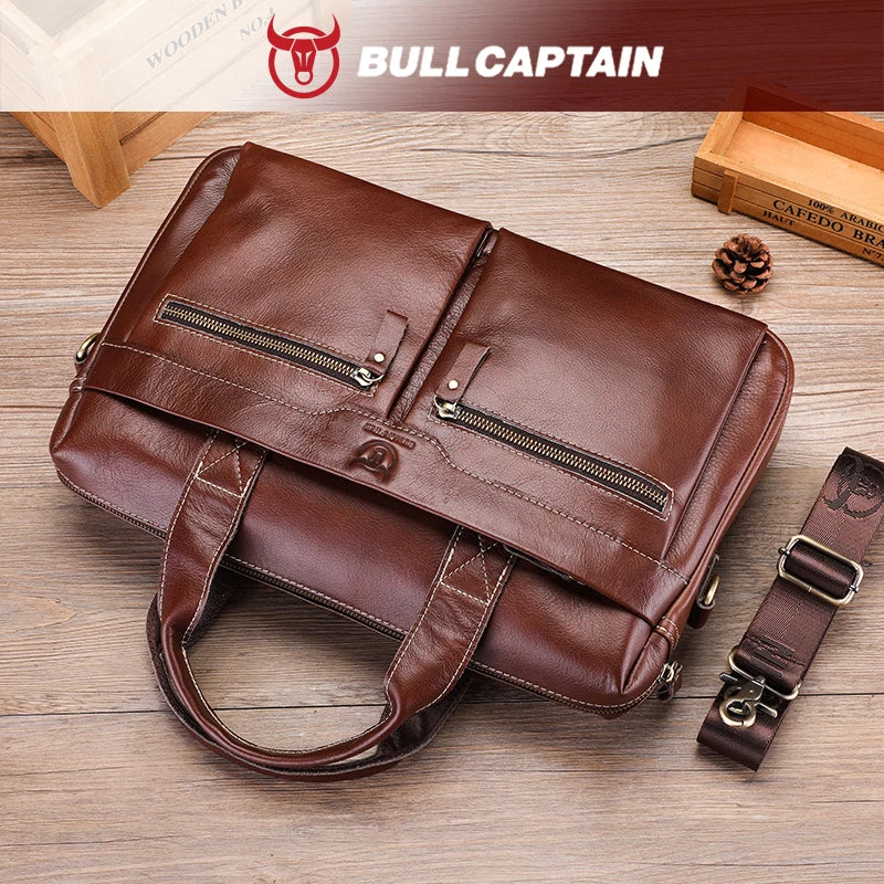 BULLCAPTAIN Briefcase Shoulder Bag Men's Genuine Leather 14 Inch Laptop Handbag Office Business Men's Fashion Simple Briefcase
