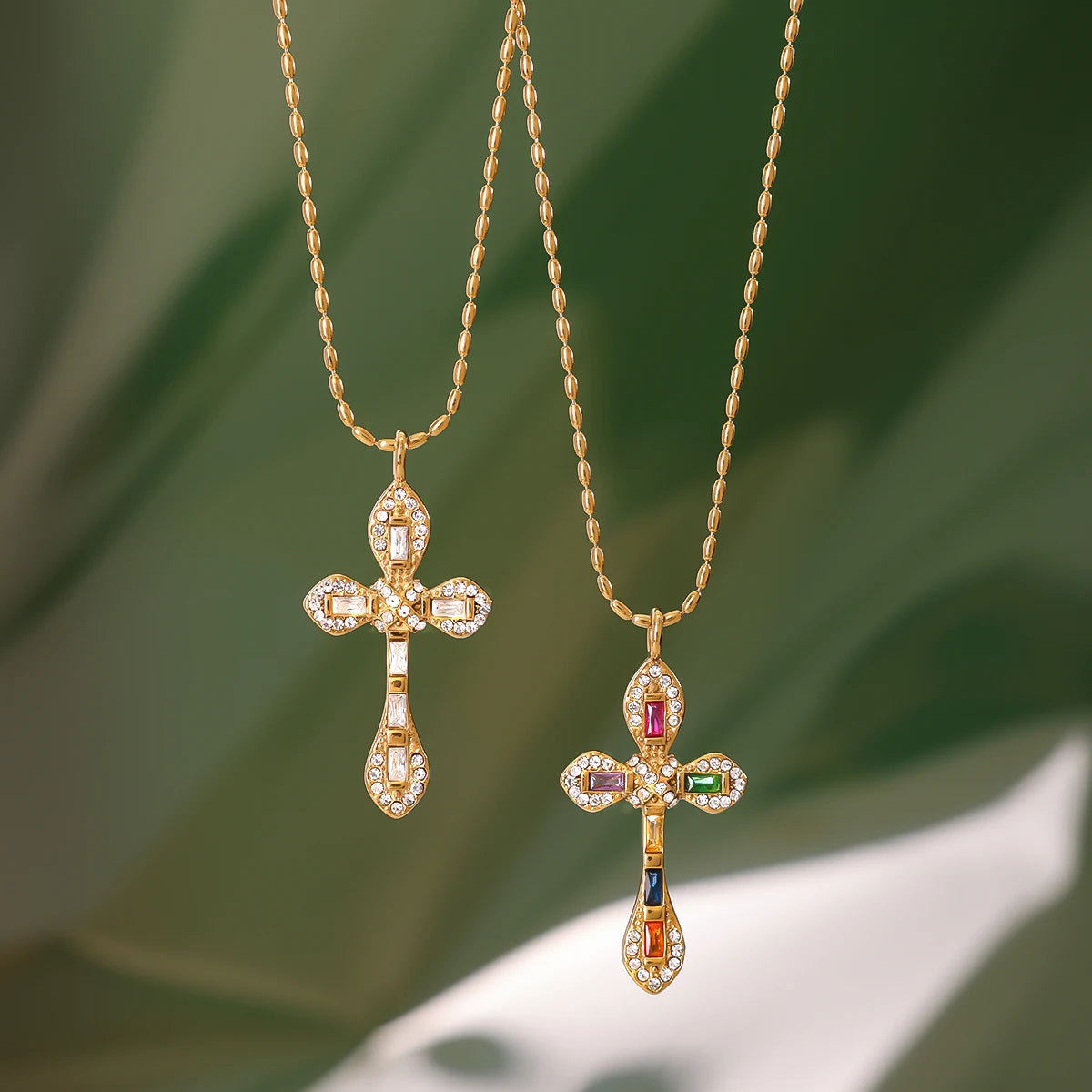Uworld Retro Zircon Cross Pendant Necklace 18K Gold Color Plated Stainless Steel Colorful Zircon Cross Pendant Necklace Women's