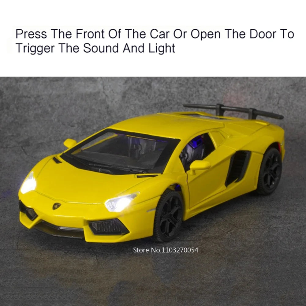 1/32 LP740 Sian Toys Model Car Diecast Alloy Sports Car Metal Body Rubber Tire Doors Opened Sound Light Pull Back Toy Kid Gifts