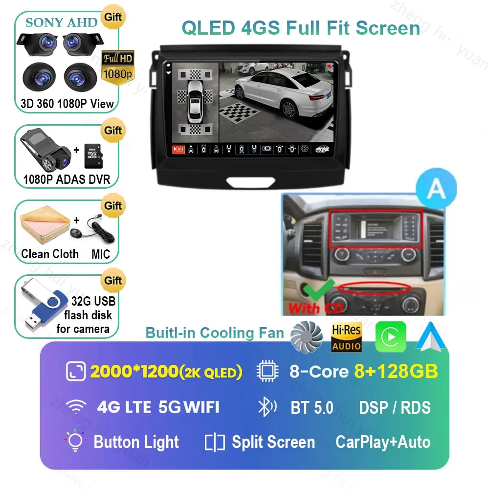 Android 16 CarPlay Auto For Ford Ranger 2015 - 2022 Car Radio Multimedia navigation video DVD Autoradio Stereo 2din 4G