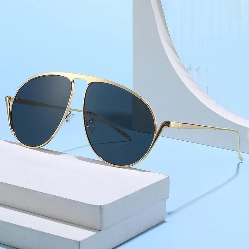 JNPCXI New Retro Metal Pilot Women Sunglasses Fashion Oversized Men Shades UV400 Black Tea Sun Glasses