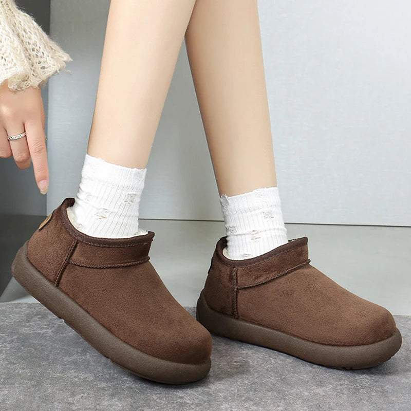 Thick Bottom Faux Suede Snow Boots Women 2025 Slip On Warm Short Plush Ankle Boots Woman Anti Slip Winter Cotton Padded Shoes