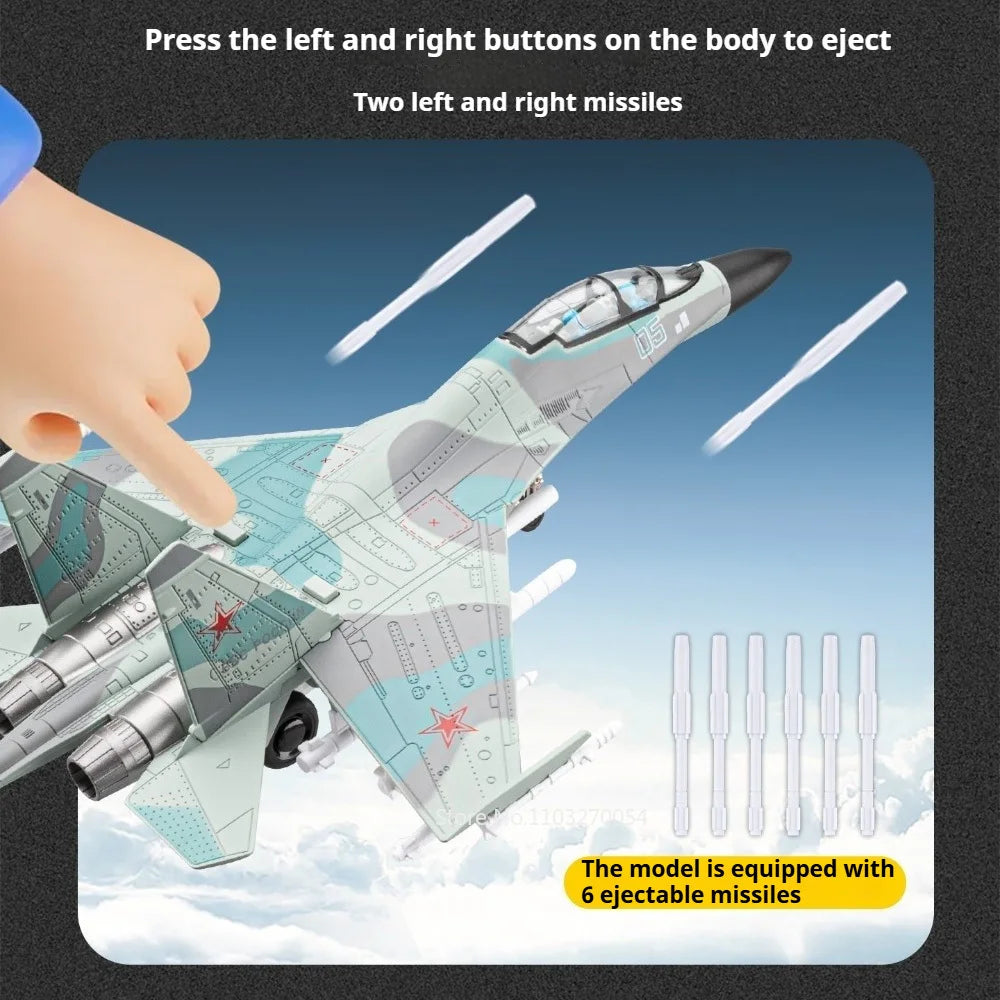 1:64 Su-35 Alloy Fighter Model Diecast Toys Car with Sound Light Pull Back Catapult Missile Airplane Fun Gifts for Boys Ornament