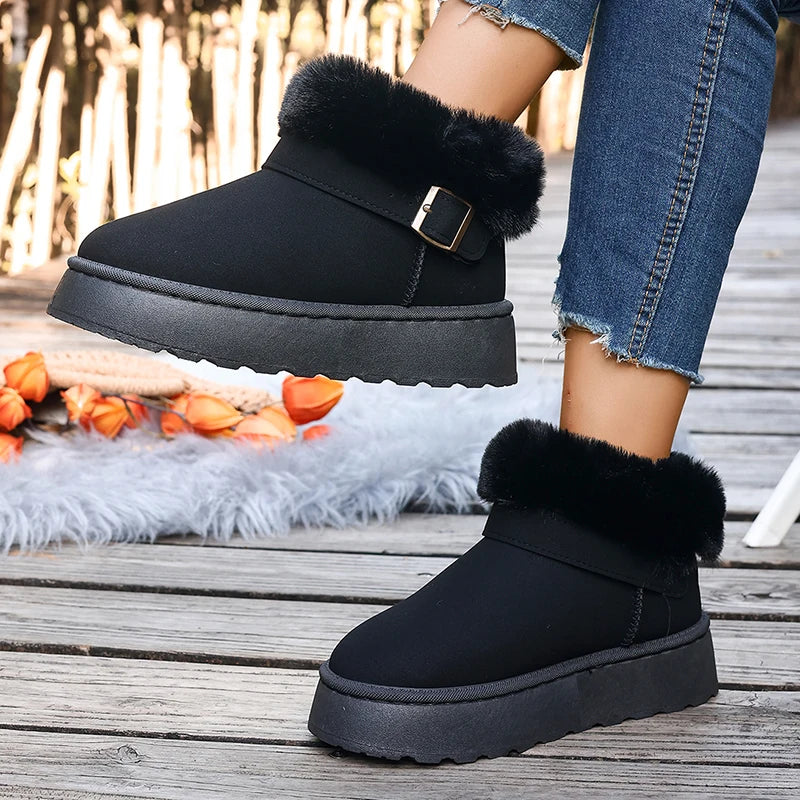 Fluffy Fur Platform Snow Boots Women 2025 Fashion Buckle Short Plush Ankle Boots Woman Comfortable Thick Sole Warm Winter Shoes
