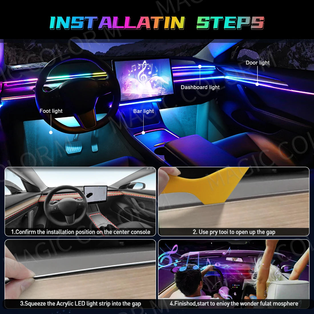 Vgetting Car Ambient Lights 10 in 1 Footwell Universal RGB Atmosphere Lamps USB APP Remote Cigar Lighter for Tesla Model 3 Y S X