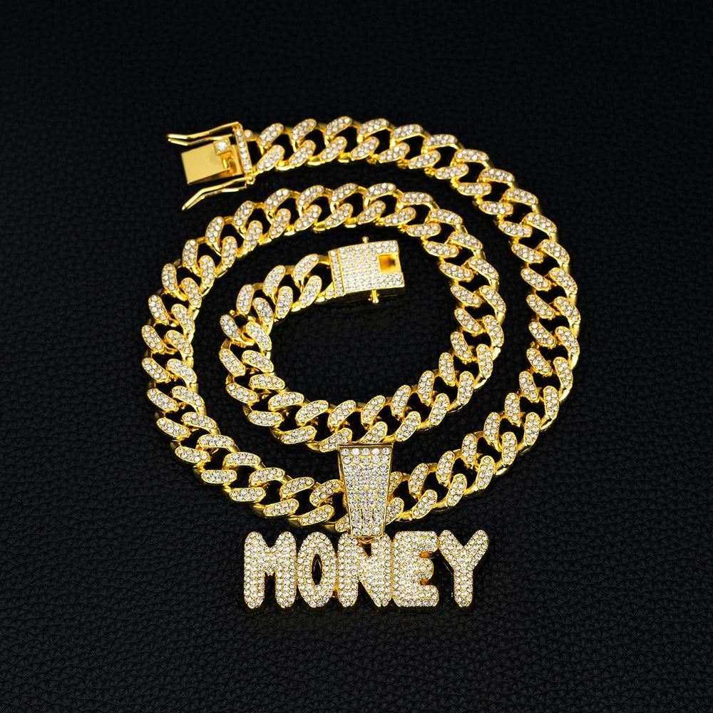 Men Women Hip Hop Bling MONEY Letters Pendant Necklace with Miami Cuban Chain Iced Out Bling HipHop Necklaces Male Charm Jewelry