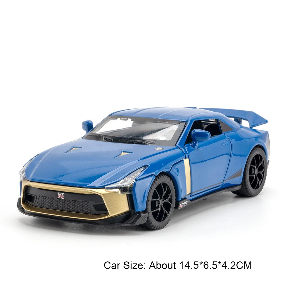 1:32 Scale GTR R50 Miniature Sports Car Alloy Diecast Model Toys Doors Opened with Sound Light Pull Back Vehices Children's Gift