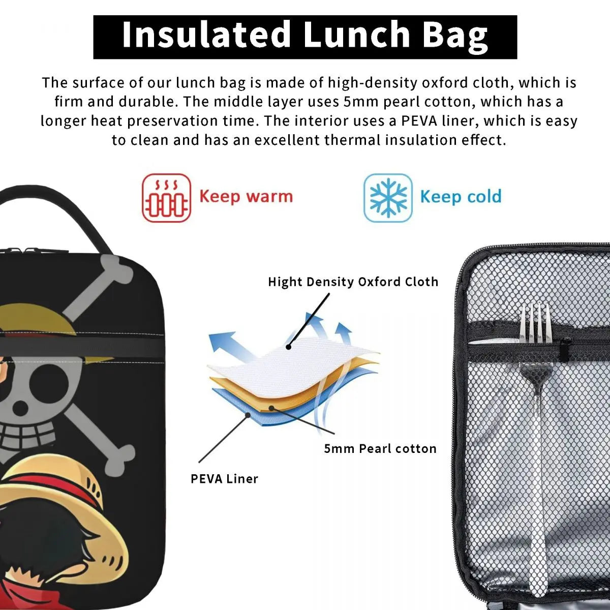 One Piece Monkey D Luffy Anime Insulated Lunch Thermal Bag Work School Bag