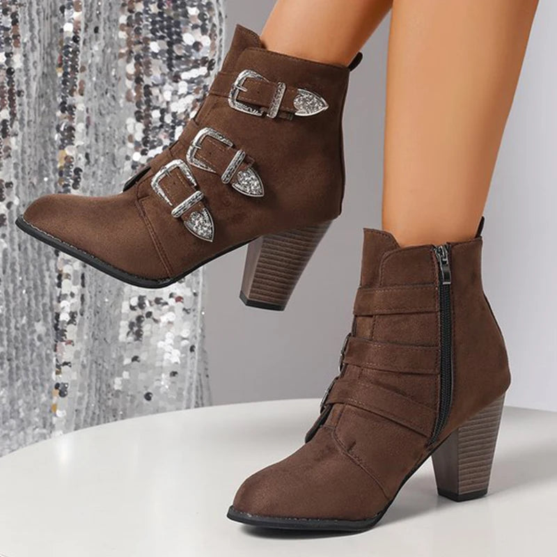 Fashion Buckle Decoration Boots Women Spring Autumn Plus Size Faux Suede Ankle Boots Woman Side Zipper High Heel Botas Ladies
