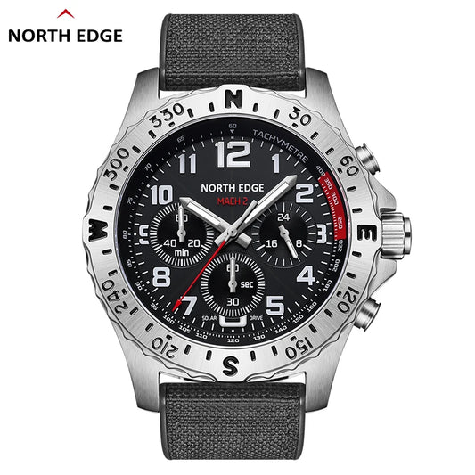 NORTH EDGE MACH 2 Men’s Solar Quartz Pilot Watch 316 Steel Waterproof WR50M