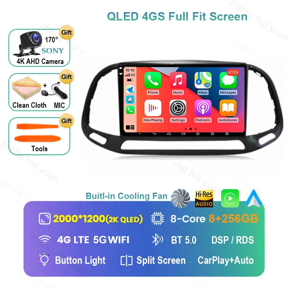 For Fiat Doblo 2015 - 2018 2019 2020 Android 16 GPS WIFI 4G Carplay&Auto Car Radio Navigation QLED Multimedia Stereo Player BT