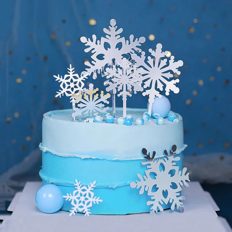 4pcs Ice & Snow Themed Christmas Party Cake Top White Snow Flakes Acrylic Happy Birthday Cake Top Christmas Party Decoration