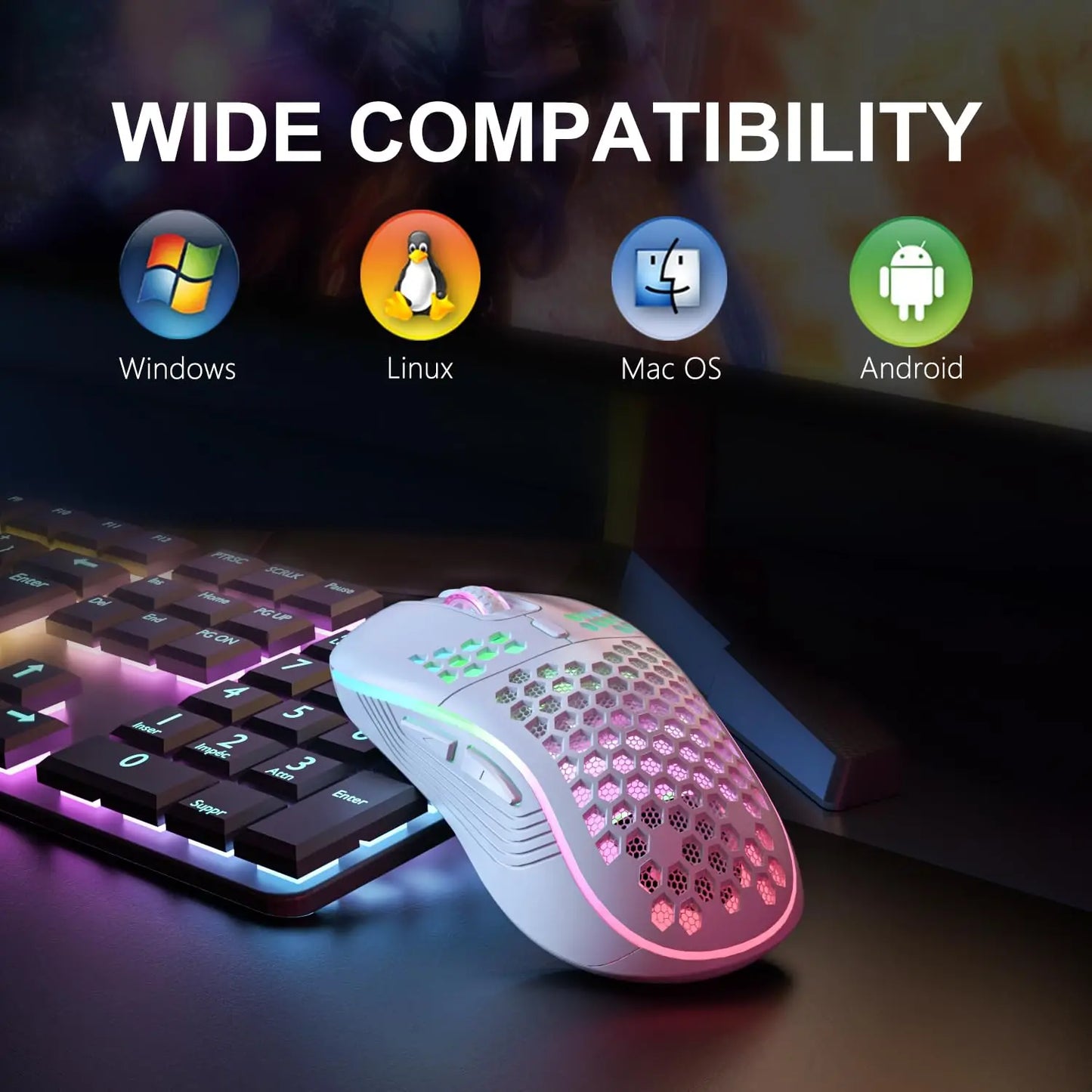 2.4G Wireless RGB Lighting Charging Mouse, Adjust DPI Ergonomic Honeycomb Design