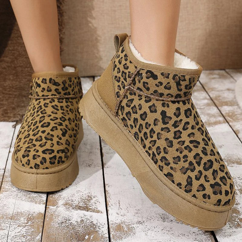 2025 Winter Leopard Snow Boots for Women Slip On Short Plush Warm Ankle Boots Woman Fashion Faux Suede Platform Booties Female