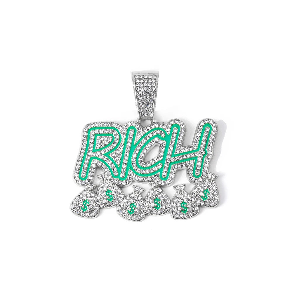 Hip Hop Men Become Rich Money Bag Letter Pendant Necklace With 14mm Miam Iced Out Trendy Dollar Cuban Link Chain Necklaces Gift