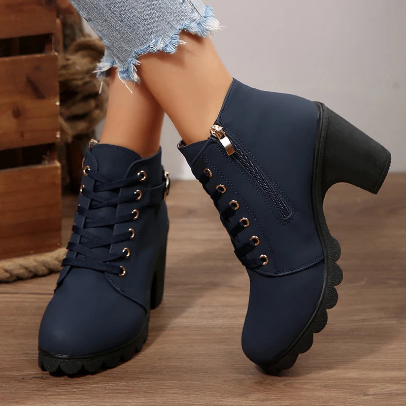 British Style High Heel Ankle Boots Women 2025 Fashion Non Slip Lace Up Short Booties Mujer Thick Heeled High Top Pumps Woman