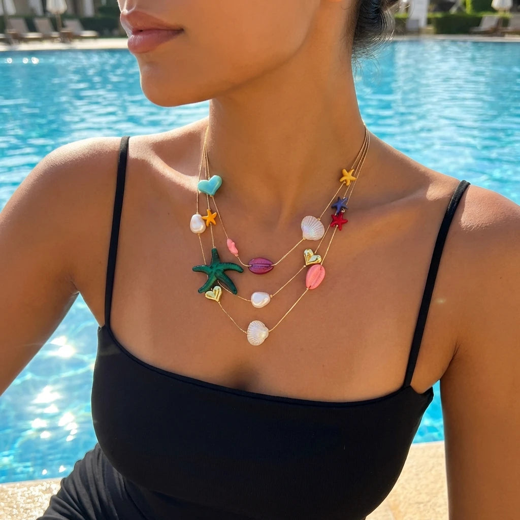 Boho Tropical Beach 3 Layer Necklace for Women Gold Color Colorful Resin Starfish Heart Shell Summer Vacation Jewelry