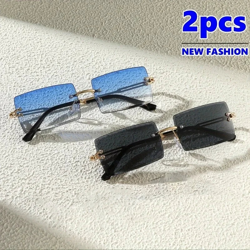 2PCS Square Avant-Garde Stylish Small Frame Sun Glasses Female Gradient Color Frameless Super Cool Net Red Sunglasses