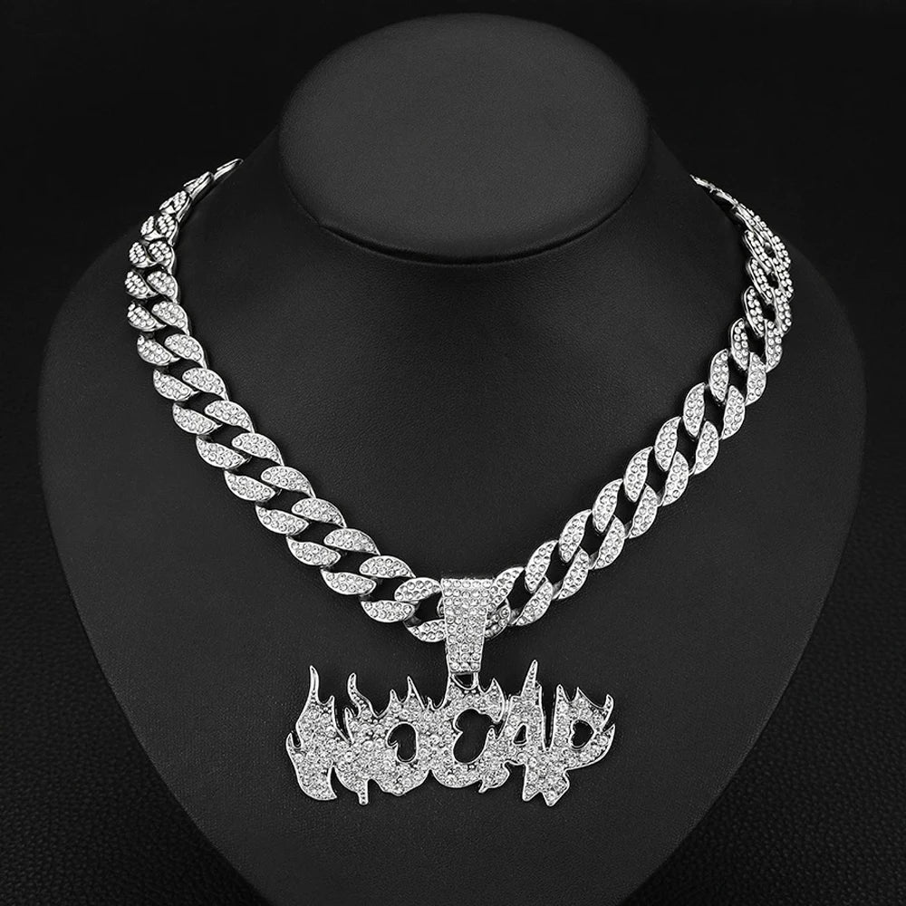 Trendy Hip Hop Iced Out Bling Flame ‘No Cap’ Letters Pendants Necklace With 15mm Cuban Chain Necklaces For Men Charm Jewelry