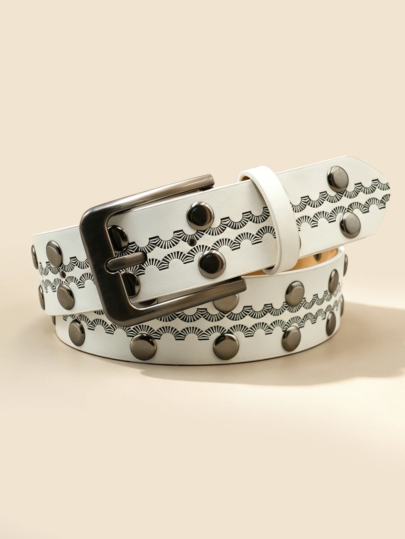 White Vintage Rivet Printed Belt, Gunmetal Square Buckle Embossed Unisex Casual Waistband