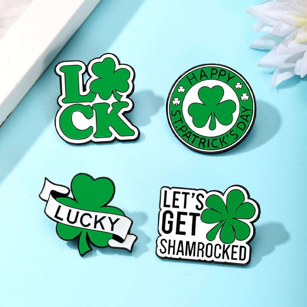 4pcs Set Cute Cartoon Four Leaf Clover Enamel Brooches St. Patrick's Day Green Elf Theme Jewelry Badges Ideal Gift for Friends