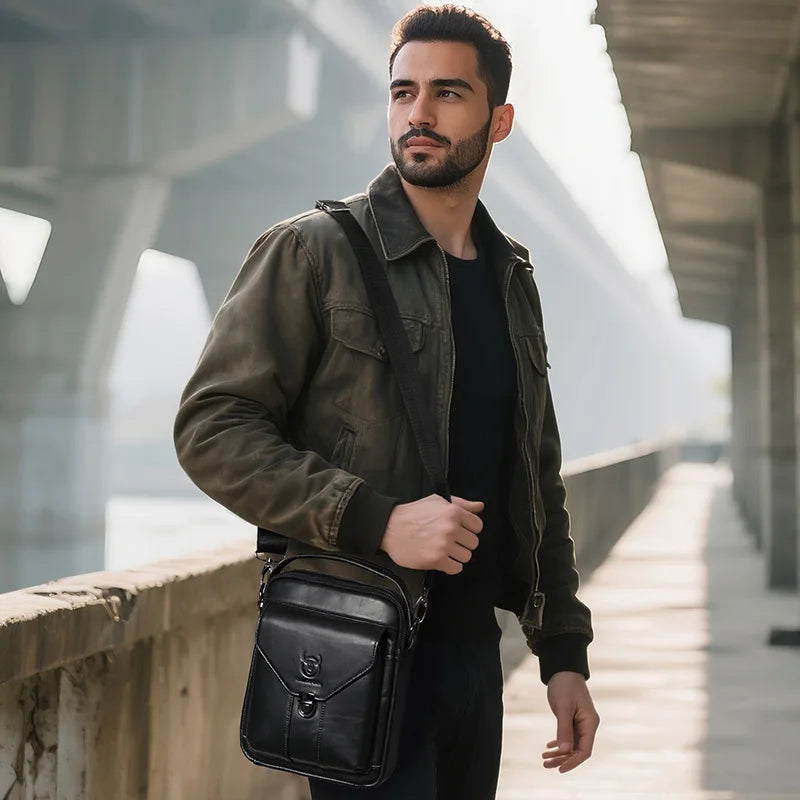 BULLCAPTAIN Men's Genuine Leather Bag Business Casual Shoulder Bag Anti-Theft Lock Fashion Portable Postman Crossbody Bag Brown
