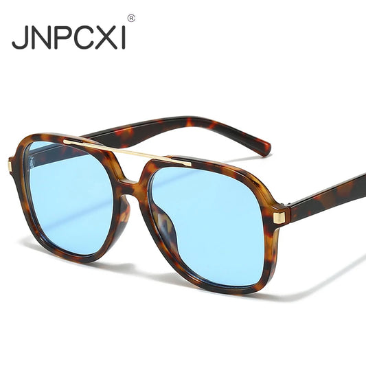 JNPCXI New Retro Oversized Pilot Square Leopard Blue Sunglasses for Women Men Punk Square Sun Glasses Ladies Outdoor Eyewear