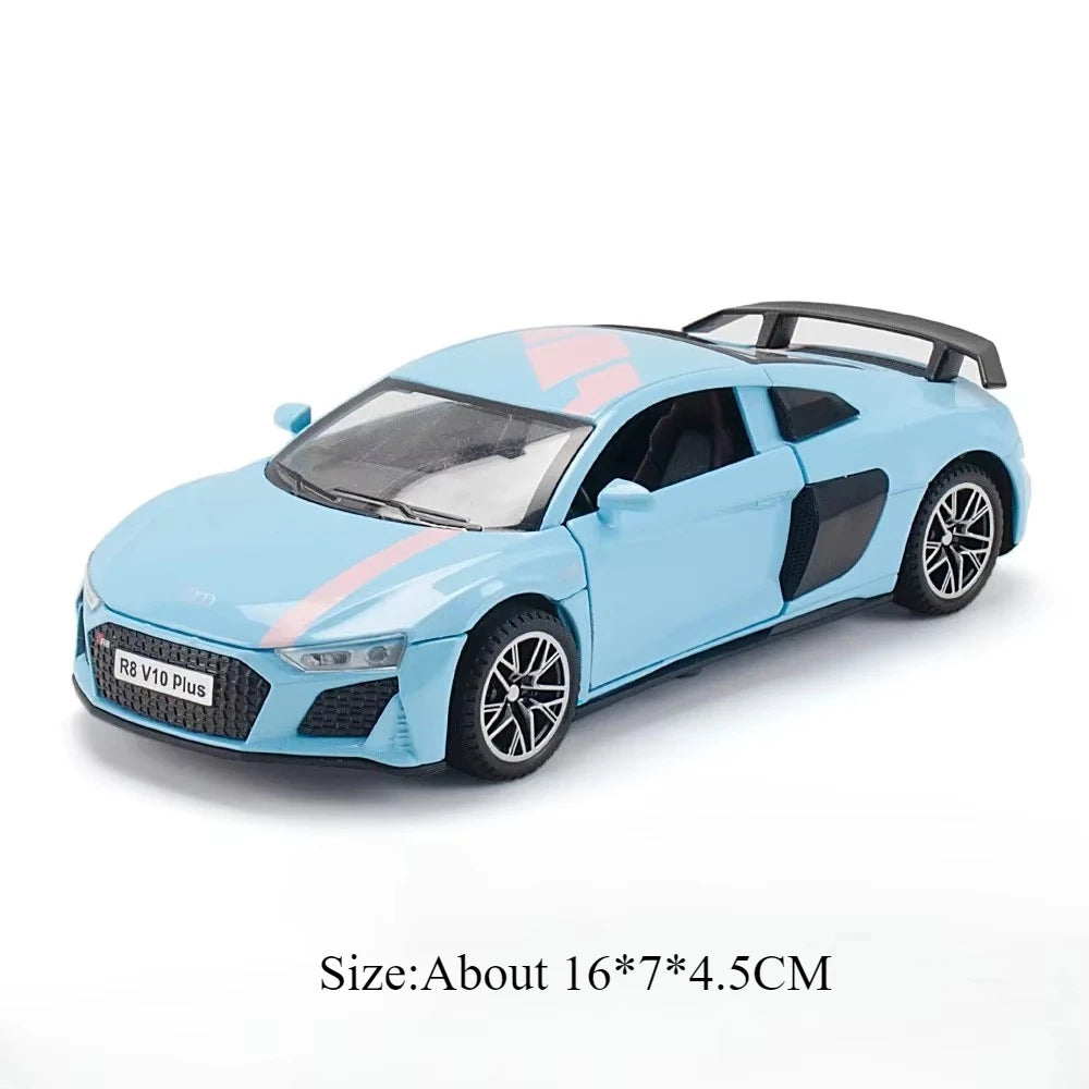 1:32 R8 V10 PLUS E-TRON Car Model Toys Alloy Diecast Vehicles Rubber Tires with Sound Light Pull Back Toy Birthday Gifts for Kid