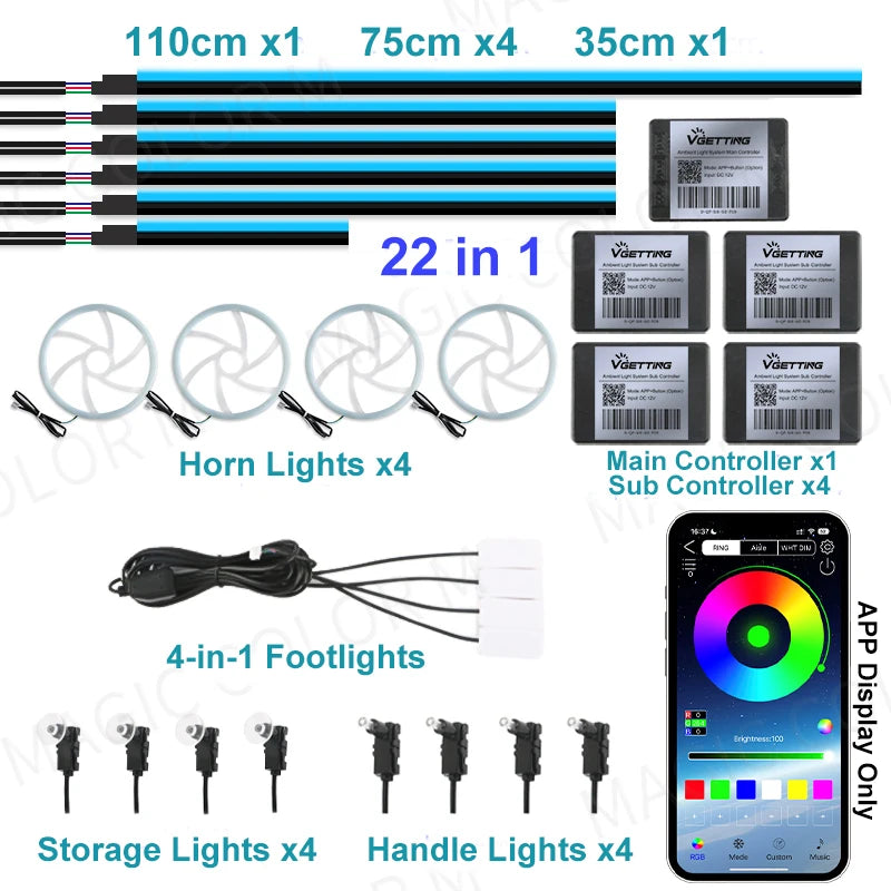 22 In 1 Full Color Streamer Car Ambient Lights RGB 64 Color Universal LED Interior Hidden Acrylic Strip Symphony Atmosphere Lamp