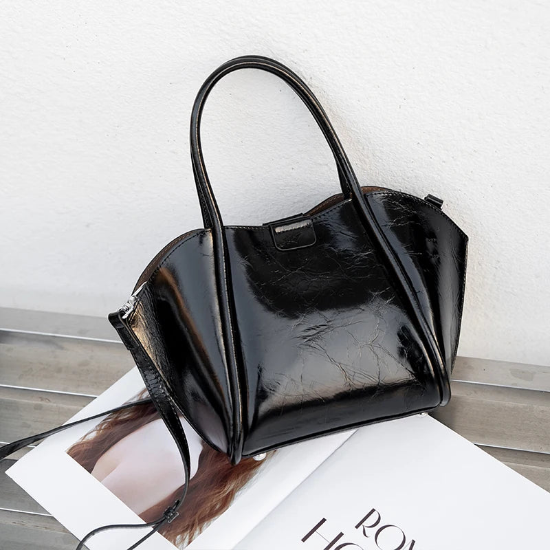 Genuine Cowhide Leather Top Handle Bag Set for Women Designer Oil Wax Leather Fan-Shaped Satchel with Matching Crossbody Pouch