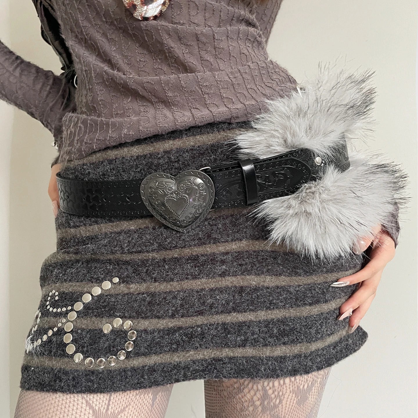 Retro Y2k Heart Carving Fluffy Waist Belt For Women Design Sense With Skirt And Jeans Waistband