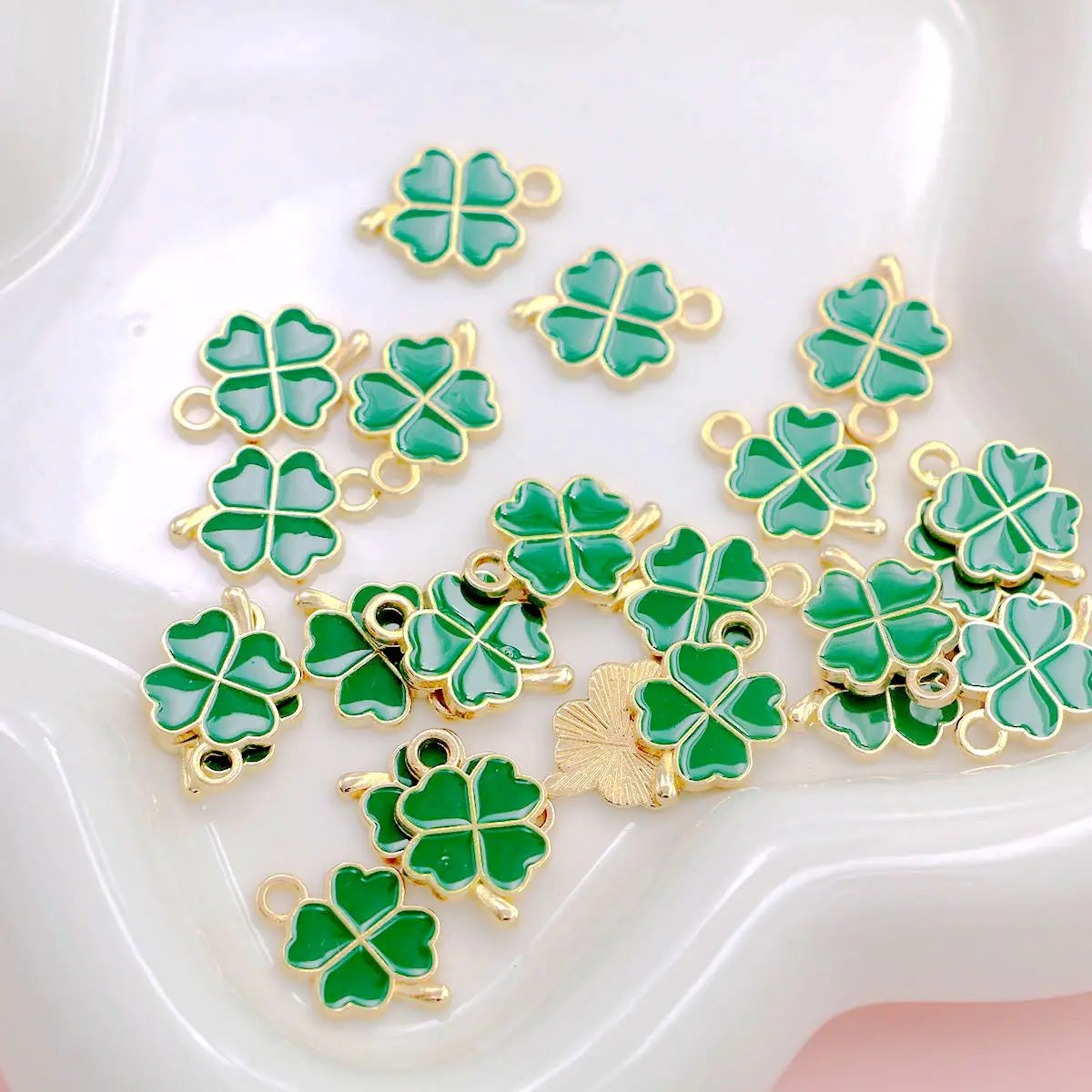 20Pcs Gold Plated Green Clover Flower Charm Pendant for Jewelry Making Bracelet Necklace DIY Accessories Craft Findings