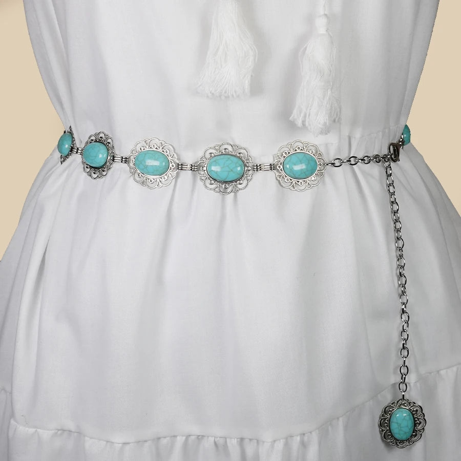 Bohemian Vintage Women's Belt - Carved Turquoise Waist Chain for Dresses, Holiday & Date Night Accessories