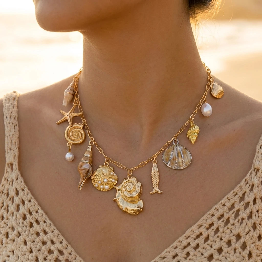 Resort Style Statement Conch Shell Fish Multi Pendant Necklace for Women Gold Tone Layered Beach Boho Dainty Chain Jewelry Gift